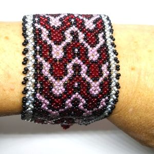Handmade beaded cuff bracelet red, pink, white and black